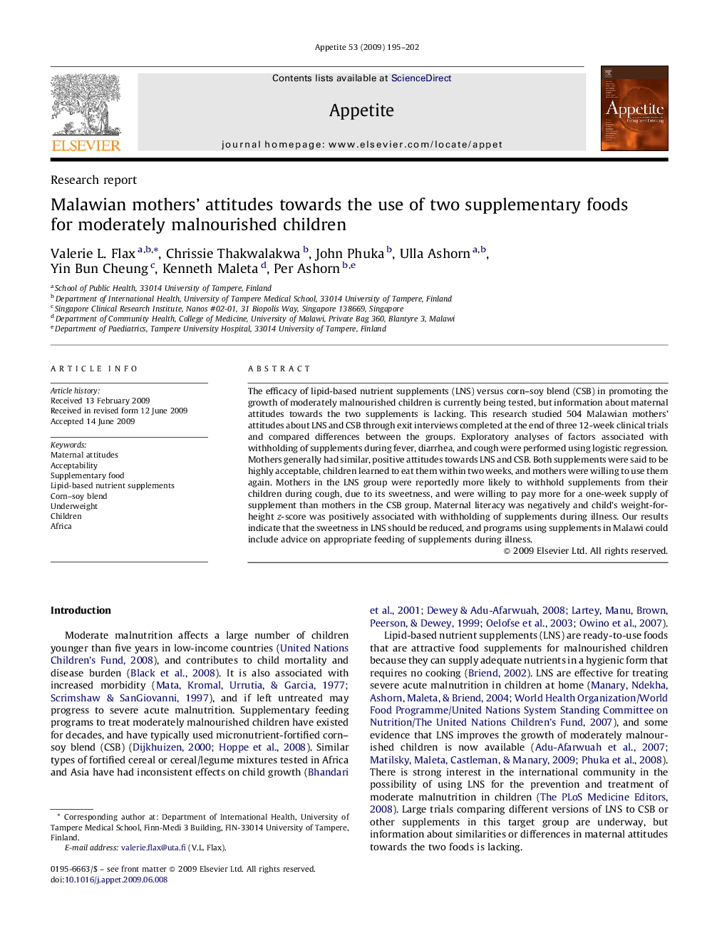 Malawian mothers’ attitudes towards the use of two supplementary foods for moderately malnourished children