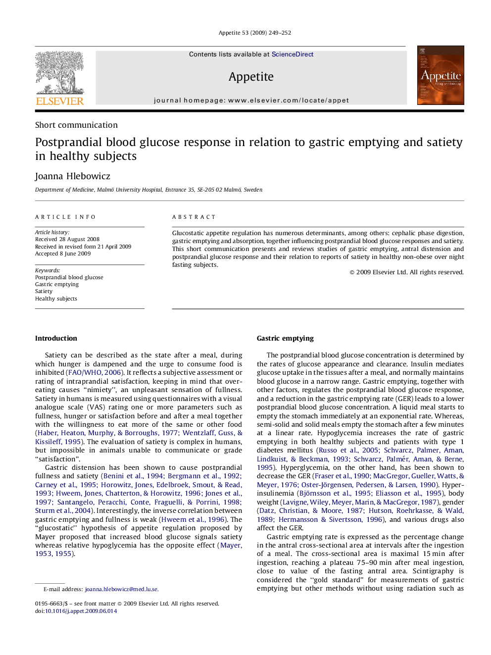 Postprandial blood glucose response in relation to gastric emptying and satiety in healthy subjects