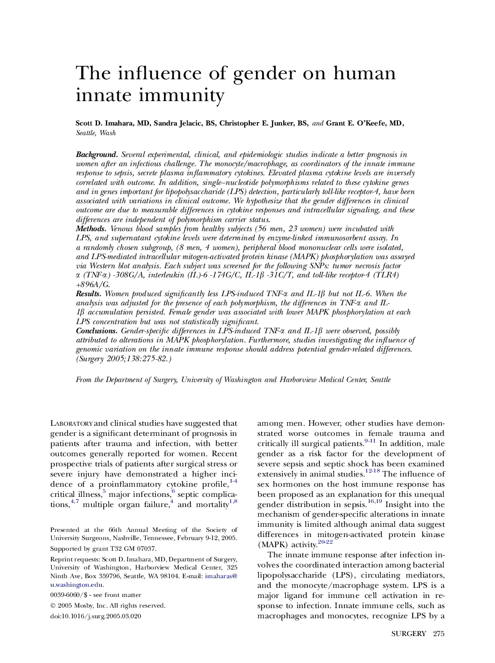 The influence of gender on human innate immunity