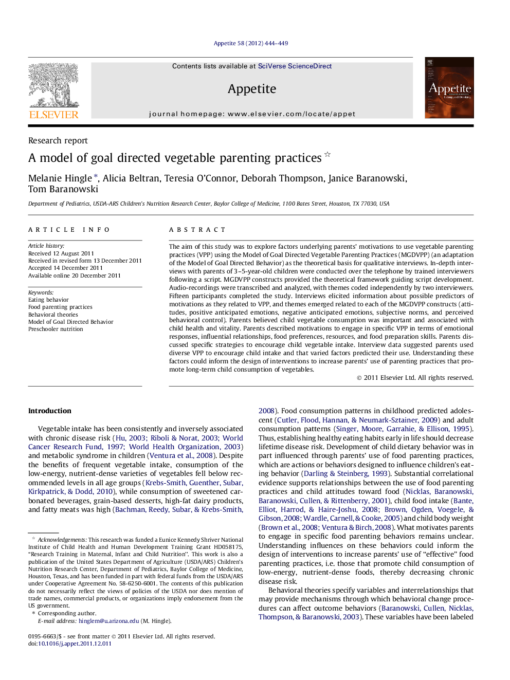 A model of goal directed vegetable parenting practices 