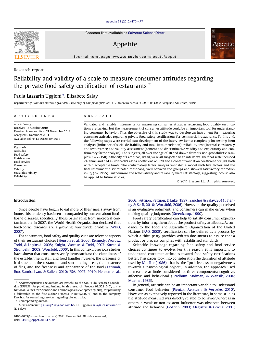 Reliability and validity of a scale to measure consumer attitudes regarding the private food safety certification of restaurants 