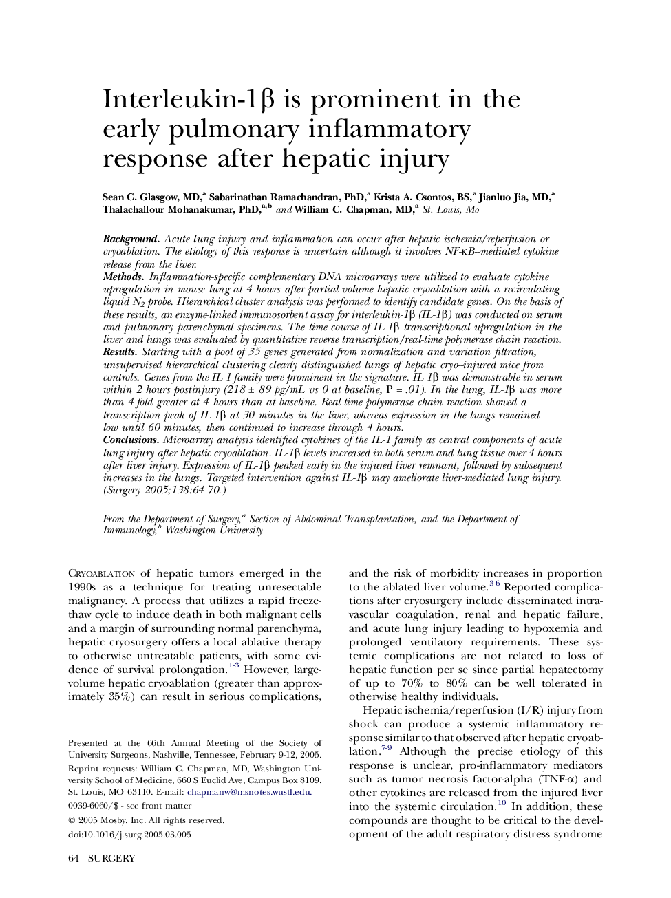 Interleukin-1Î² is prominent in the early pulmonary inflammatory response after hepatic injury