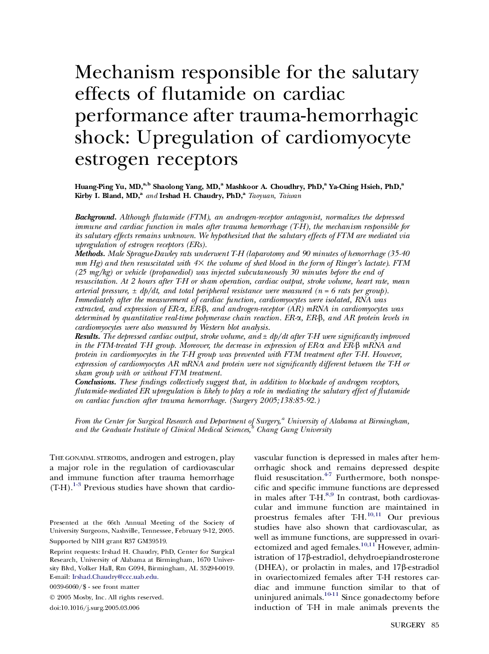 Mechanism responsible for the salutary effects of flutamide on cardiac performance after trauma-hemorrhagic shock: Upregulation of cardiomyocyte estrogen receptors