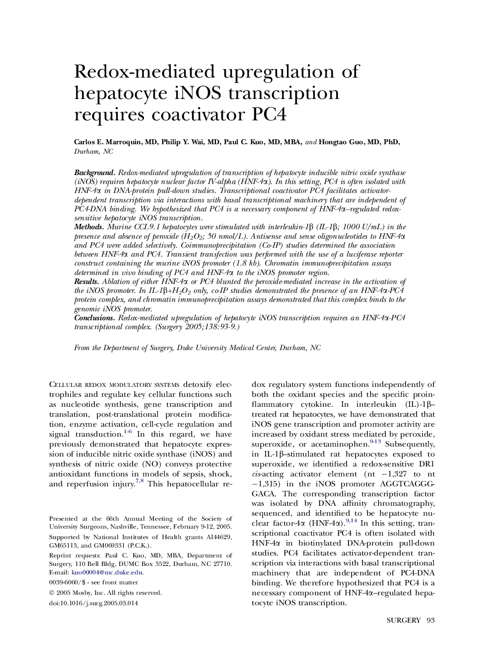 Redox-mediated upregulation of hepatocyte iNOS transcription requires coactivator PC4