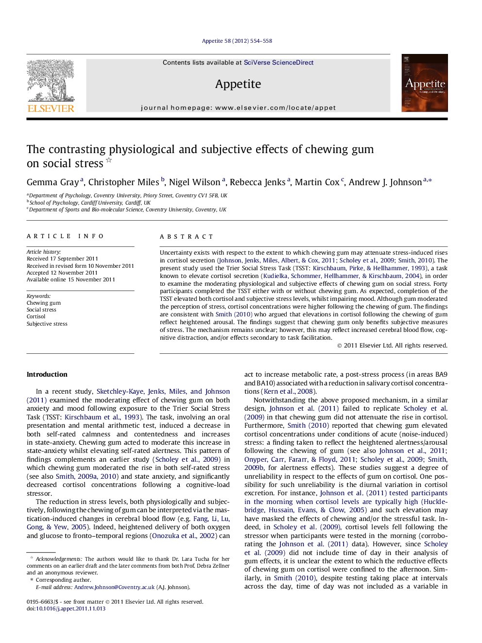 The contrasting physiological and subjective effects of chewing gum on social stress 