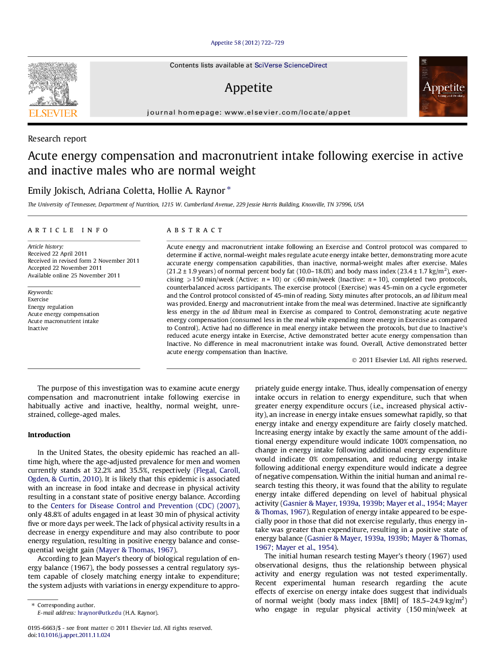 Acute energy compensation and macronutrient intake following exercise in active and inactive males who are normal weight