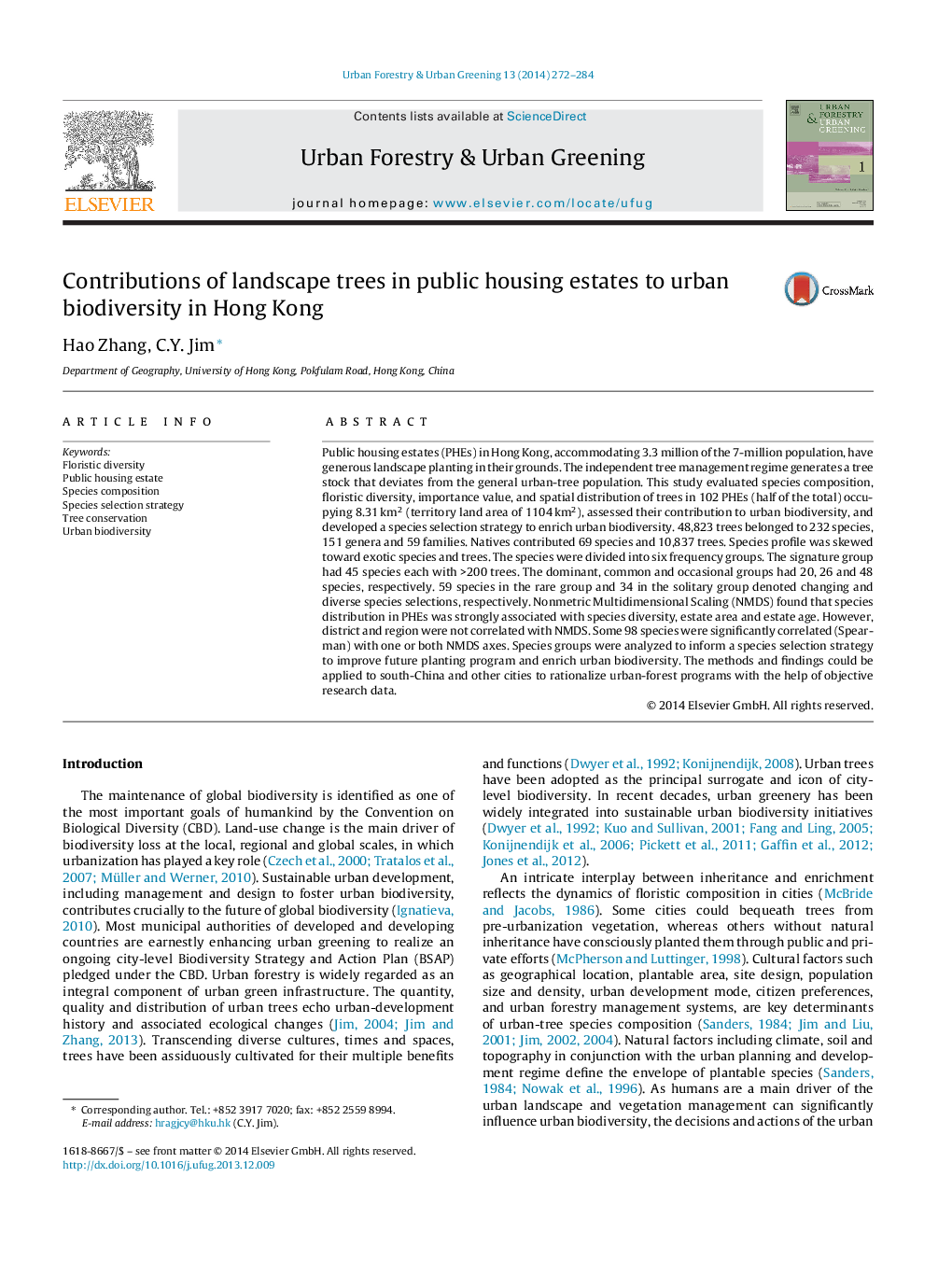 Contributions of landscape trees in public housing estates to urban biodiversity in Hong Kong