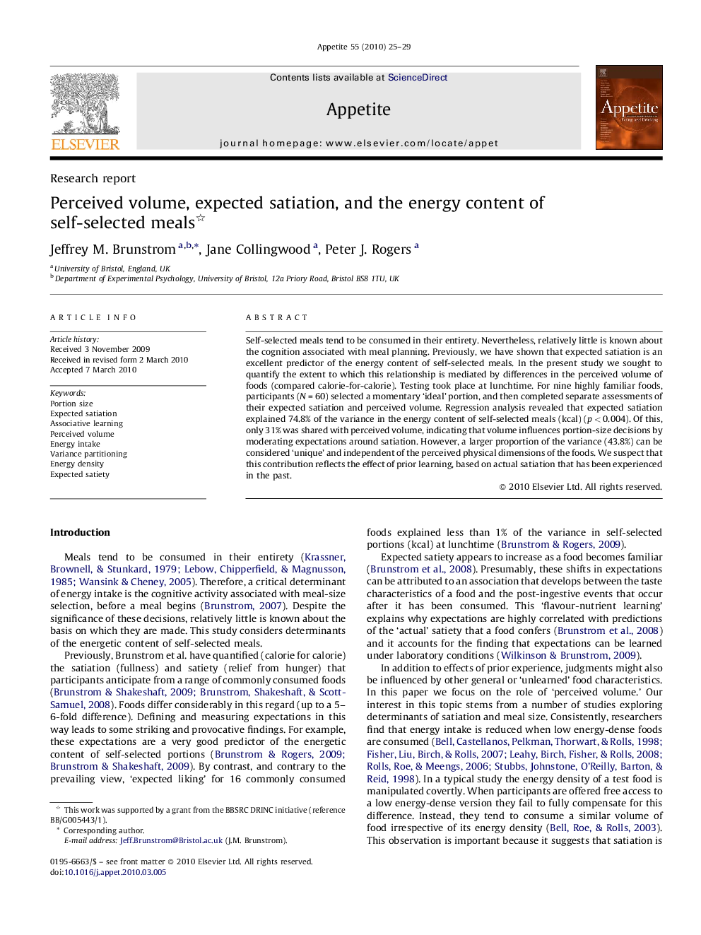 Perceived volume, expected satiation, and the energy content of self-selected meals 