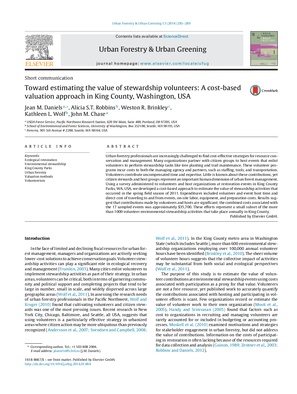 Toward estimating the value of stewardship volunteers: A cost-based valuation approach in King County, Washington, USA