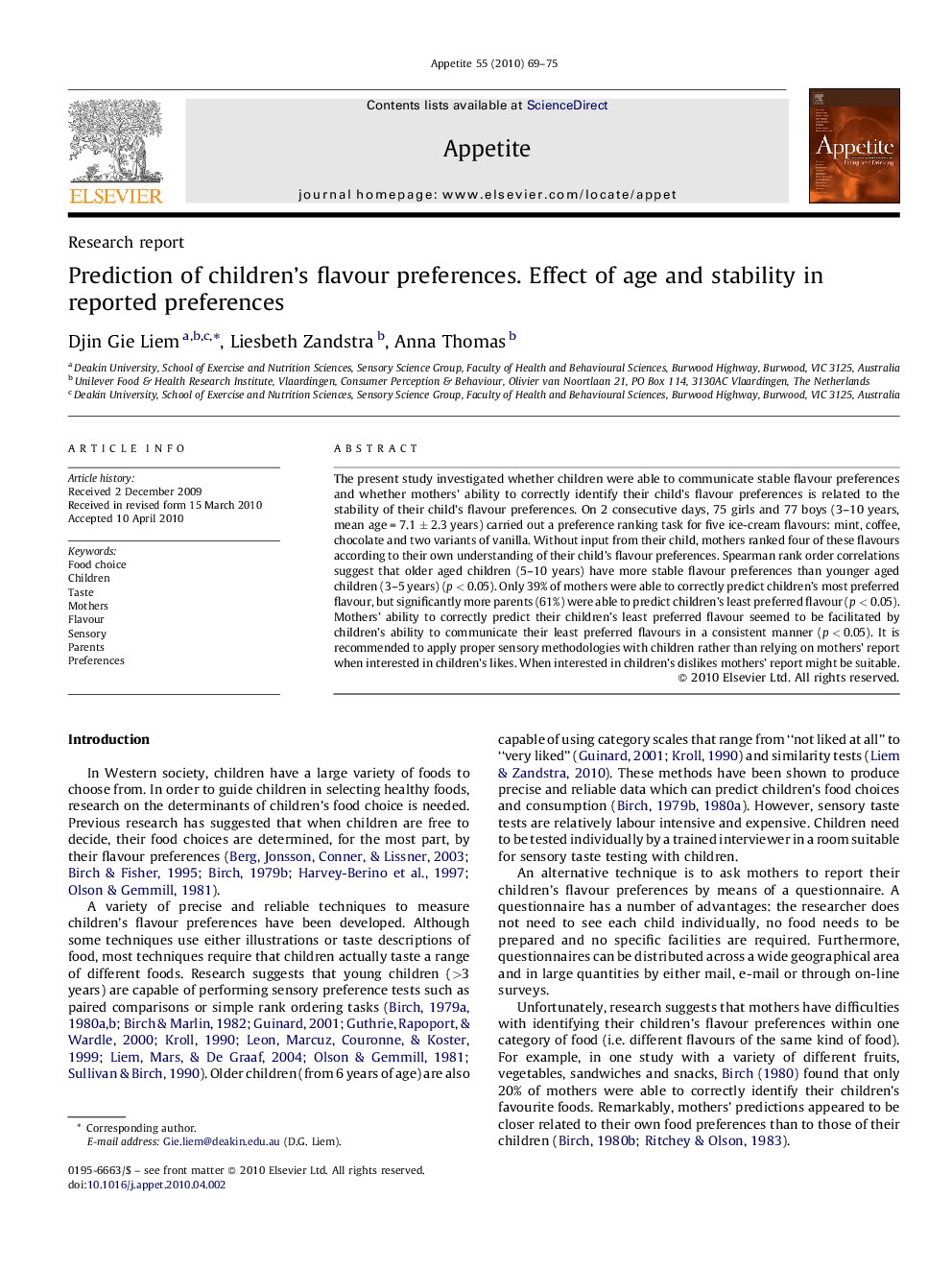 عکس صفحه اول مقاله: Prediction of children's flavour preferences. Effect of age and stability in reported preferences Prediction of children's flavour preferences. Effect of age and stability in reported preferences