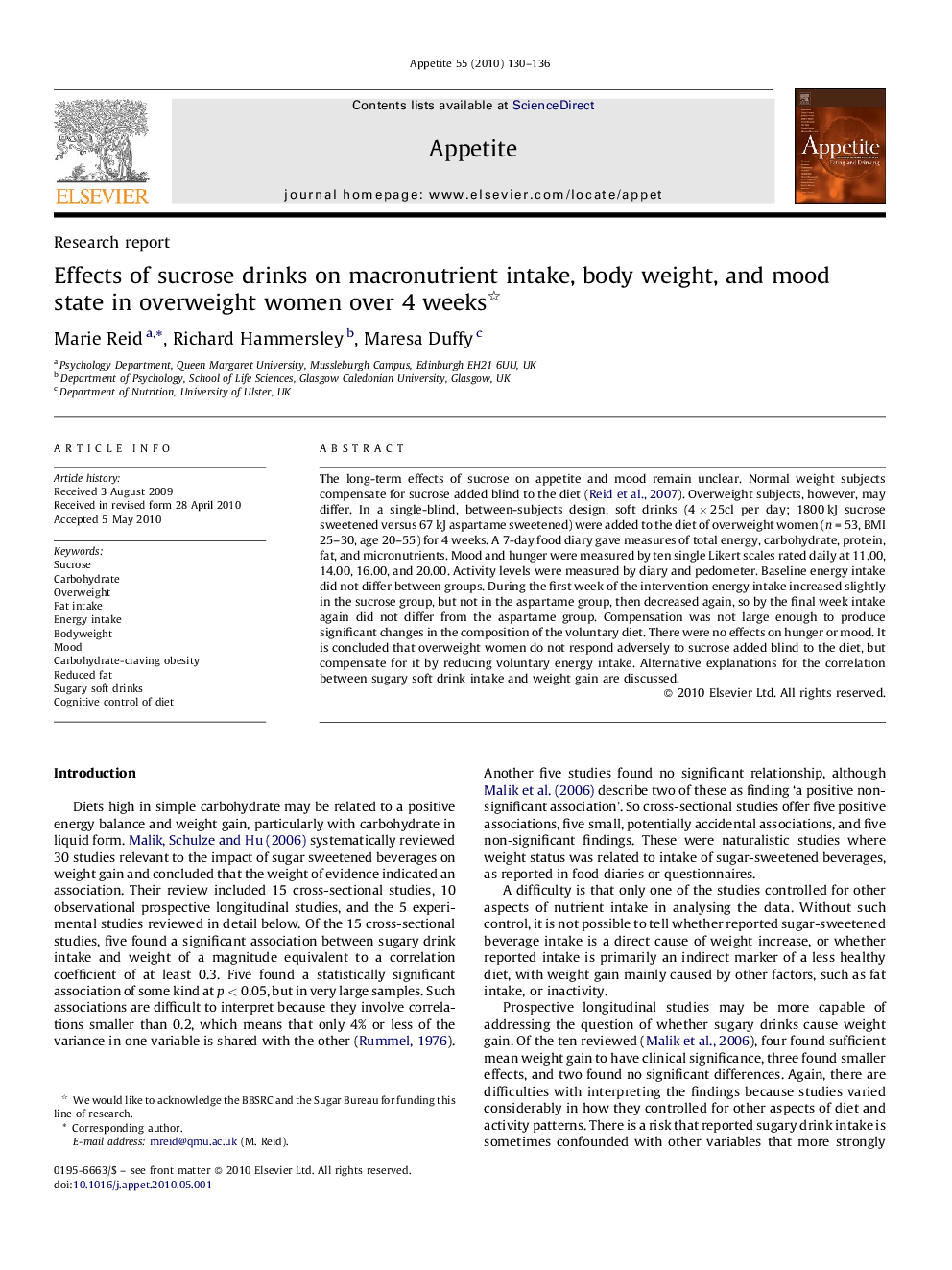 Effects of sucrose drinks on macronutrient intake, body weight, and mood state in overweight women over 4 weeks 