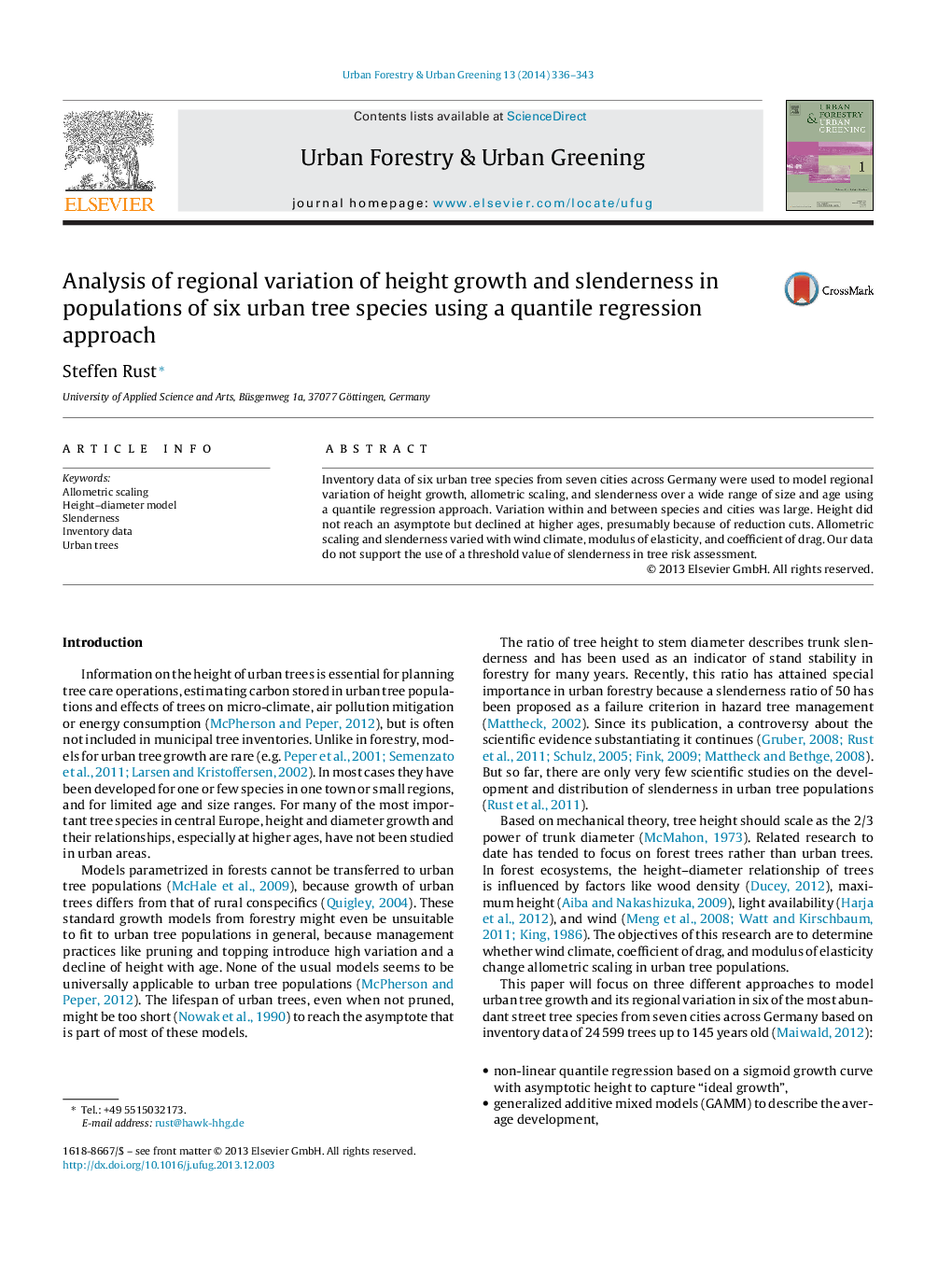 Analysis of regional variation of height growth and slenderness in populations of six urban tree species using a quantile regression approach