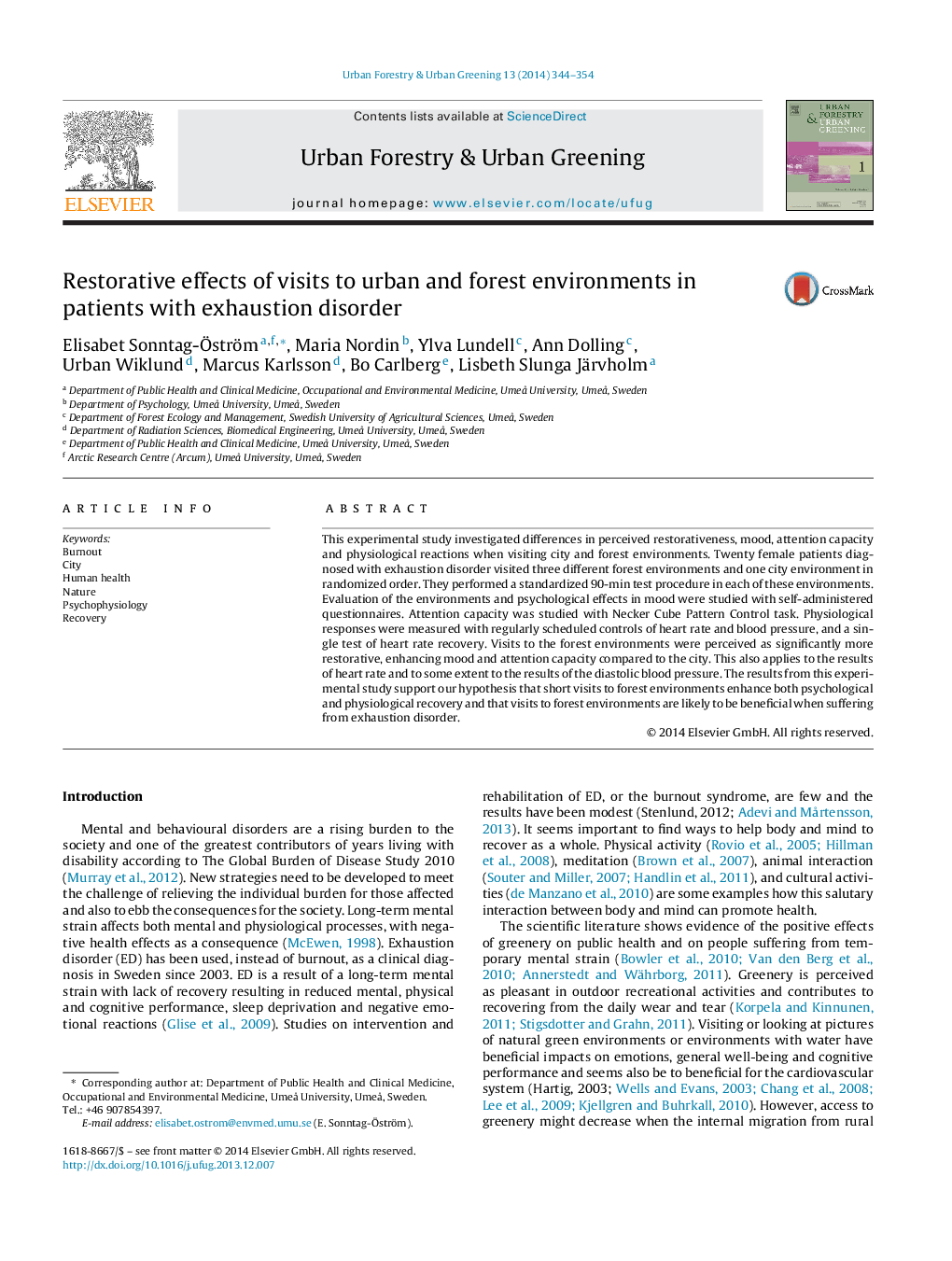 Restorative effects of visits to urban and forest environments in patients with exhaustion disorder