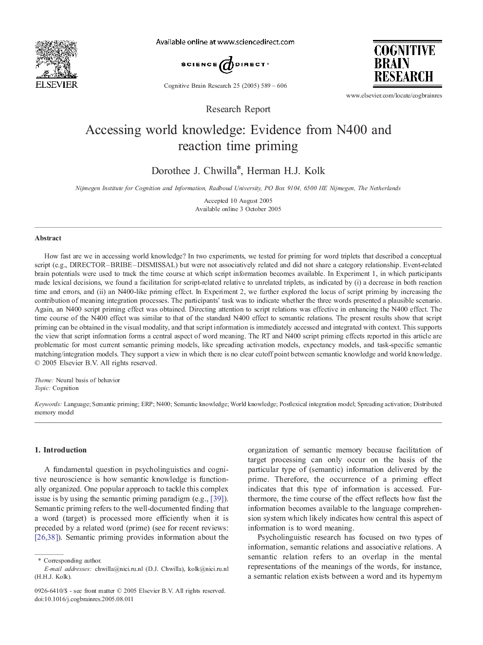 Accessing world knowledge: Evidence from N400 and reaction time priming