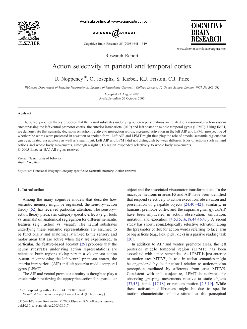 عکس صفحه اول مقاله: Action selectivity in parietal and temporal cortex Action selectivity in parietal and temporal cortex