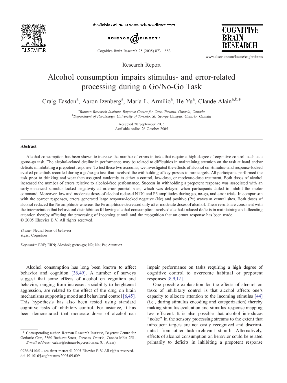 Alcohol consumption impairs stimulus- and error-related processing during a Go/No-Go Task