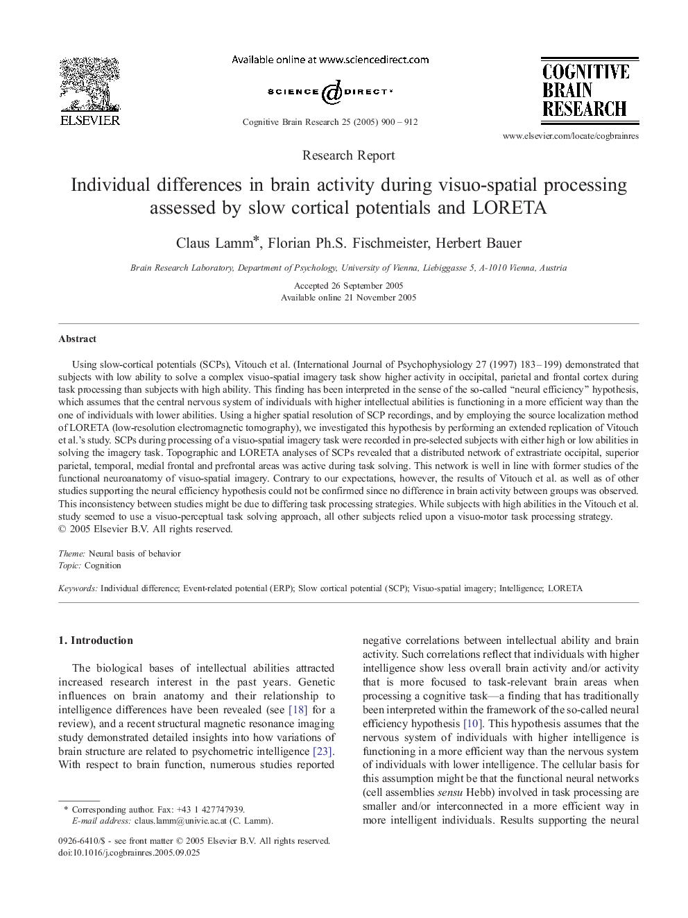 Individual differences in brain activity during visuo-spatial processing assessed by slow cortical potentials and LORETA