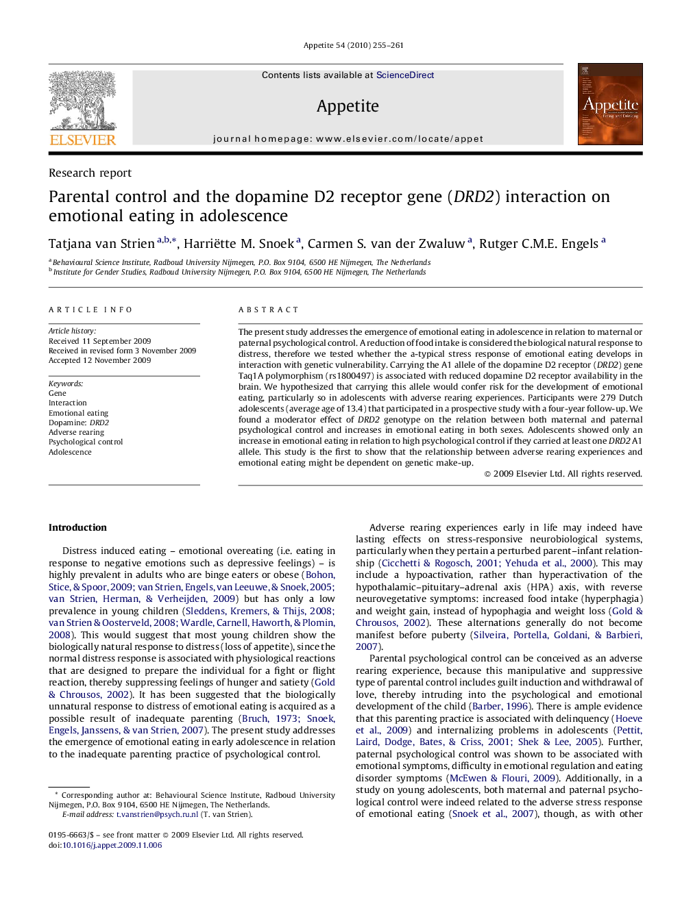 Parental control and the dopamine D2 receptor gene (DRD2) interaction on emotional eating in adolescence