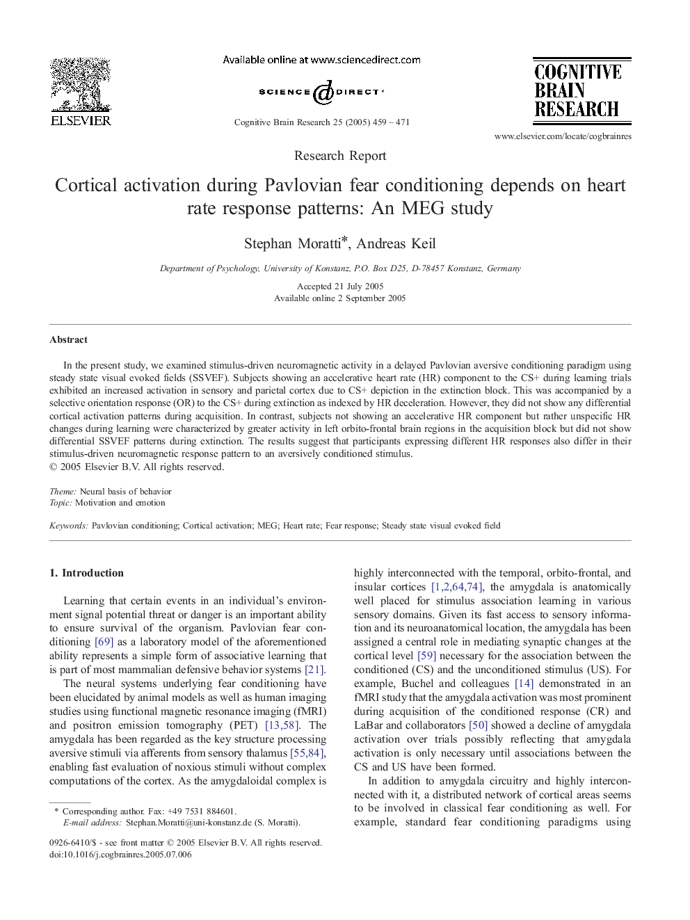 Cortical activation during Pavlovian fear conditioning depends on heart rate response patterns: An MEG study