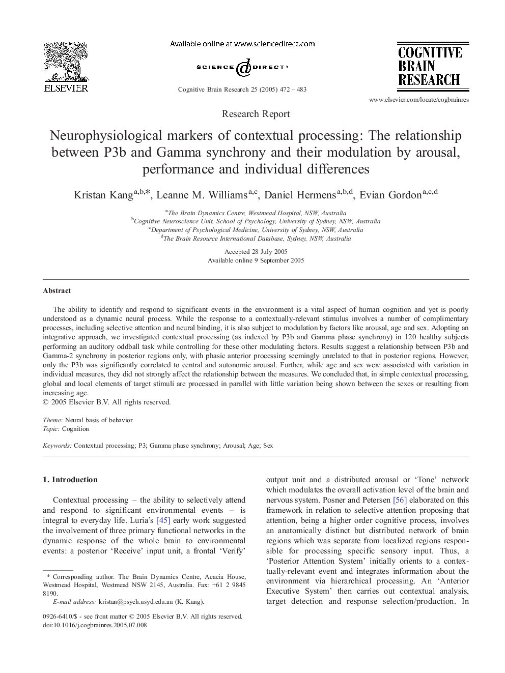 Neurophysiological markers of contextual processing: The relationship between P3b and Gamma synchrony and their modulation by arousal, performance and individual differences