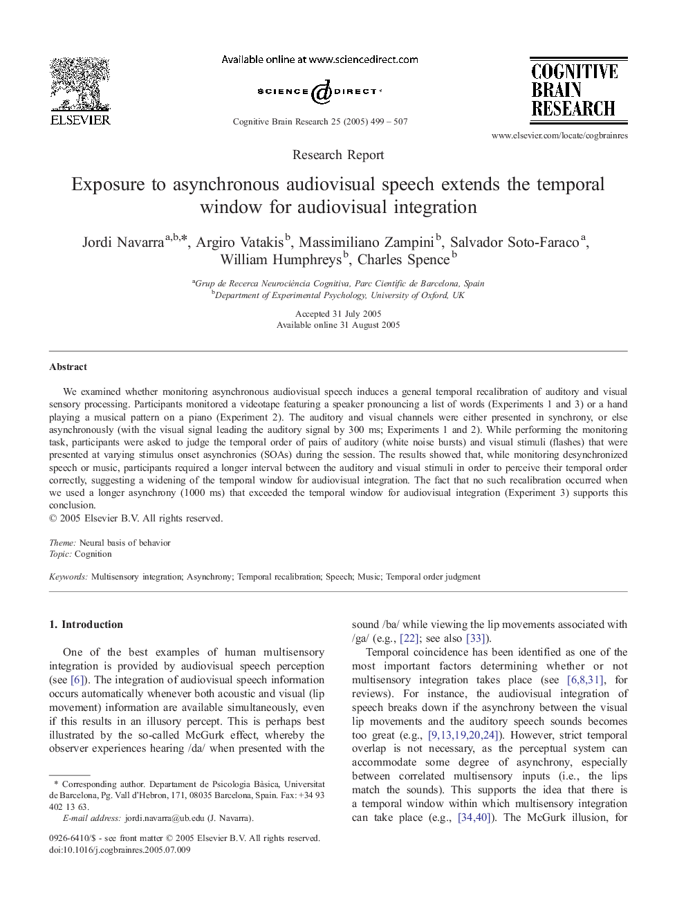 Exposure to asynchronous audiovisual speech extends the temporal window for audiovisual integration