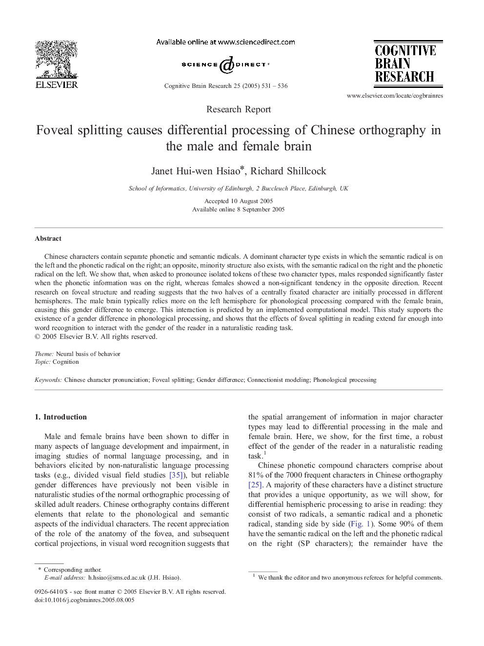 Foveal splitting causes differential processing of Chinese orthography in the male and female brain