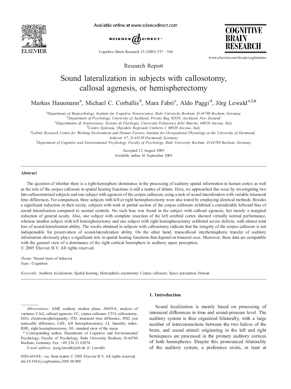 Sound lateralization in subjects with callosotomy, callosal agenesis, or hemispherectomy