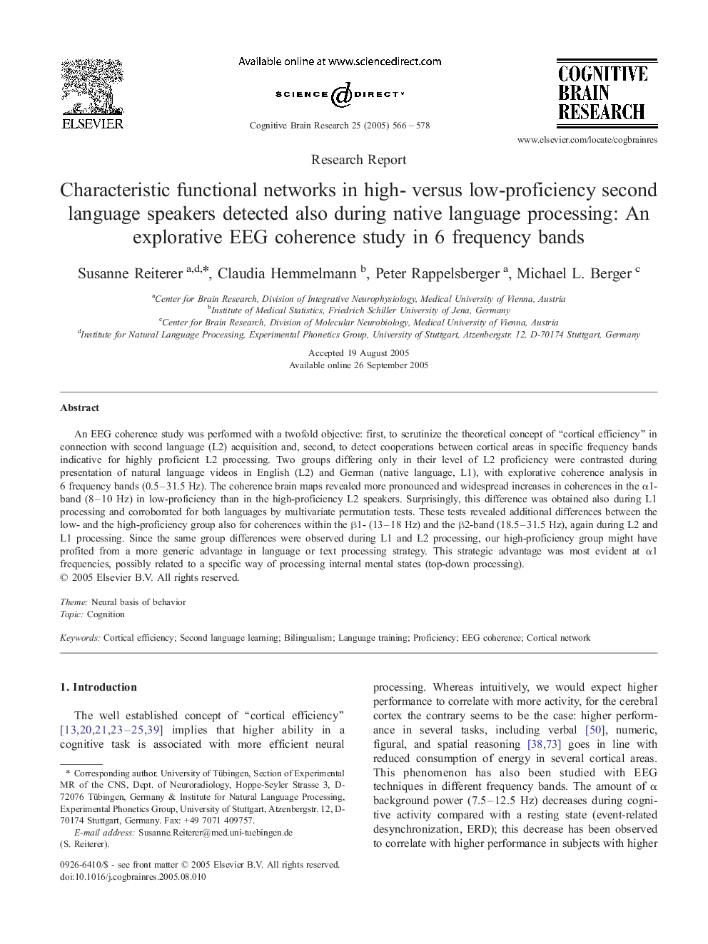 Characteristic functional networks in high- versus low-proficiency second language speakers detected also during native language processing: An explorative EEG coherence study in 6 frequency bands