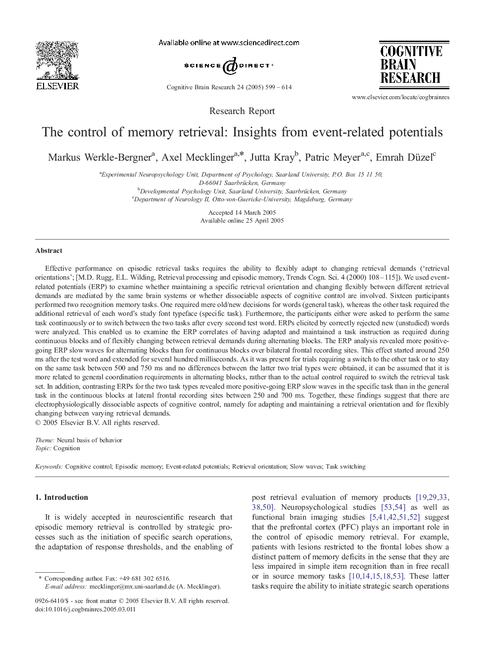 The control of memory retrieval: Insights from event-related potentials