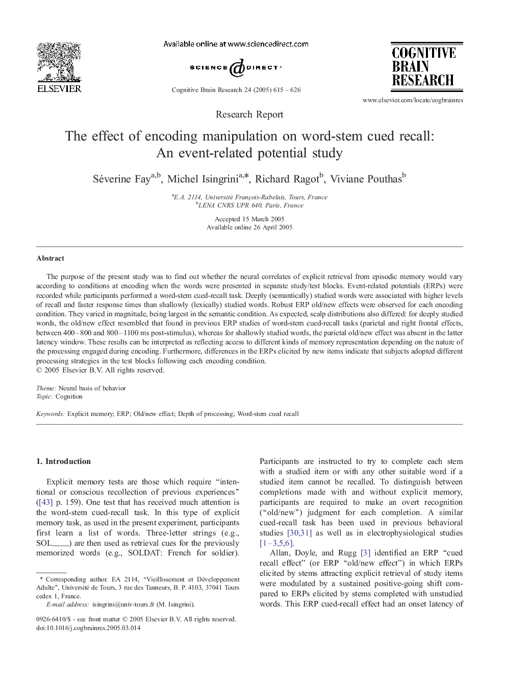 The effect of encoding manipulation on word-stem cued recall: An event-related potential study