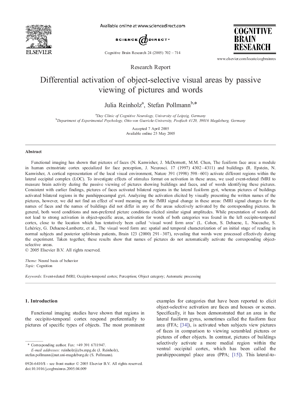 Differential activation of object-selective visual areas by passive viewing of pictures and words