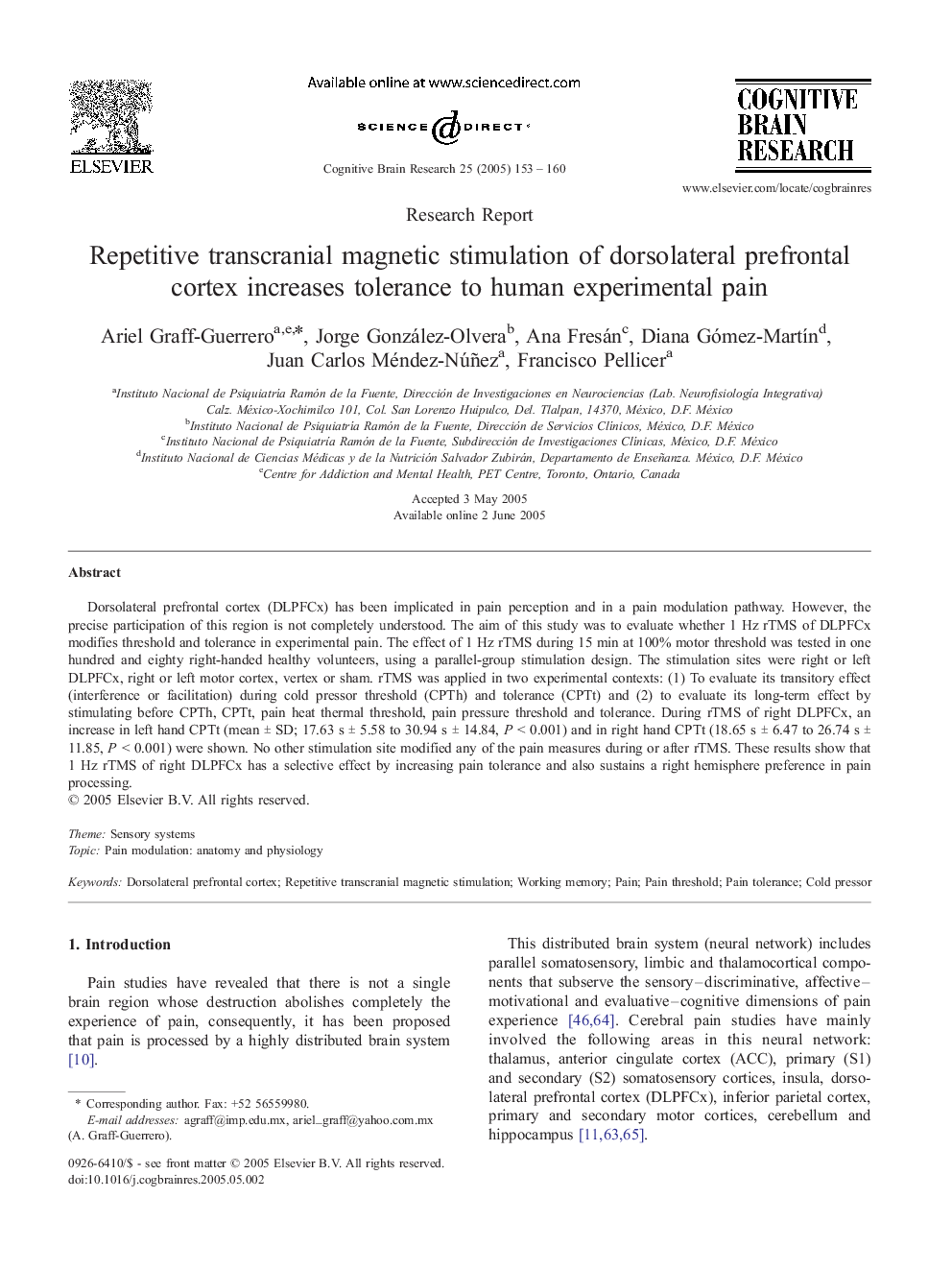 Repetitive transcranial magnetic stimulation of dorsolateral prefrontal cortex increases tolerance to human experimental pain