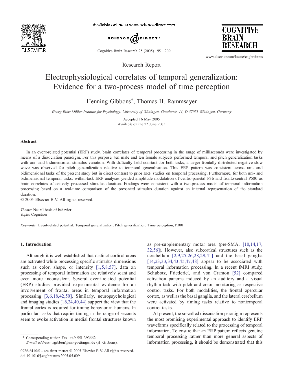 Electrophysiological correlates of temporal generalization: Evidence for a two-process model of time perception