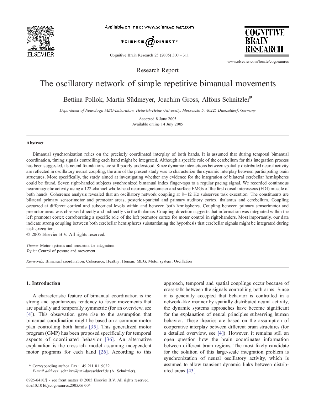 The oscillatory network of simple repetitive bimanual movements