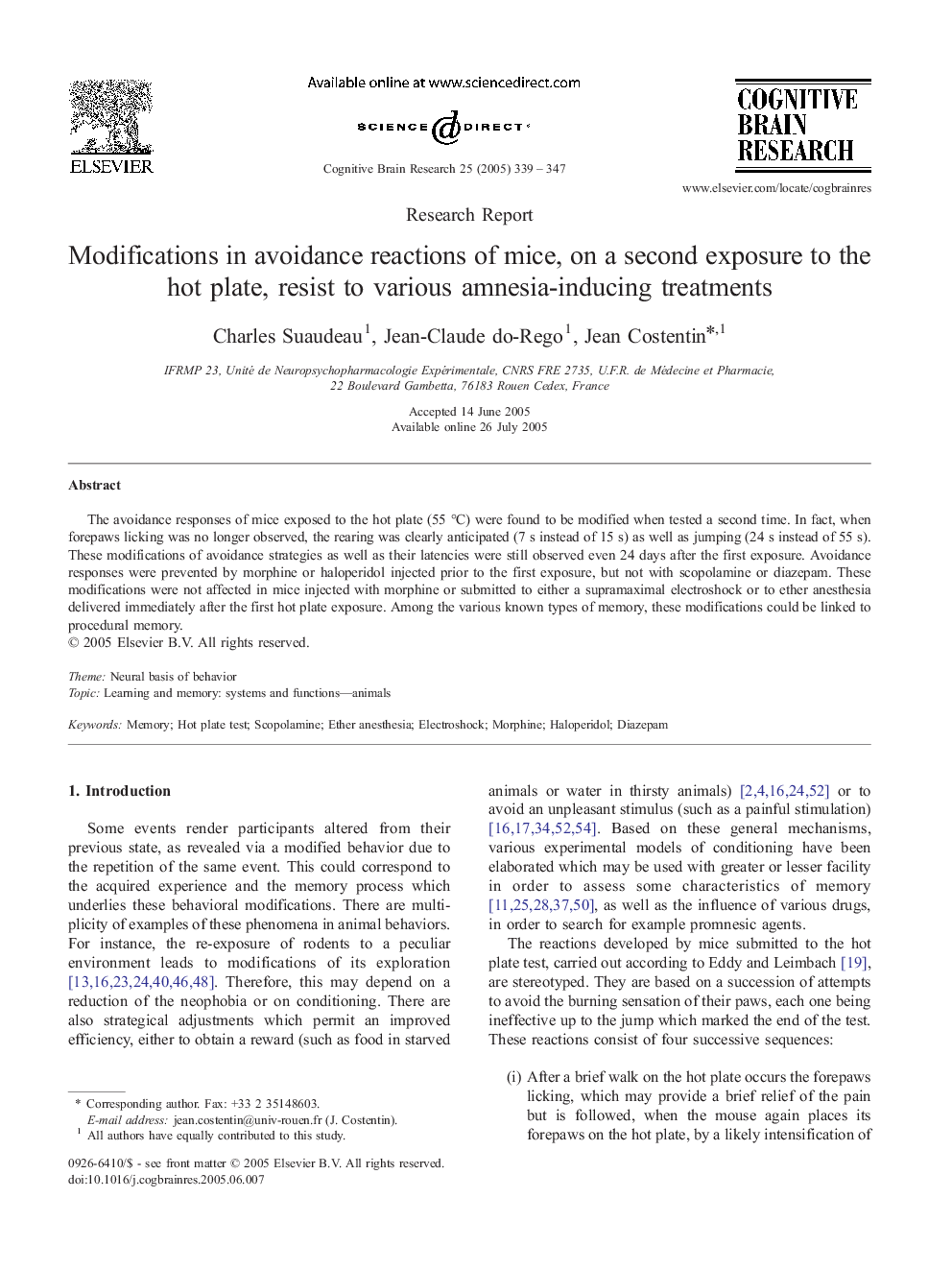 Modifications in avoidance reactions of mice, on a second exposure to the hot plate, resist to various amnesia-inducing treatments