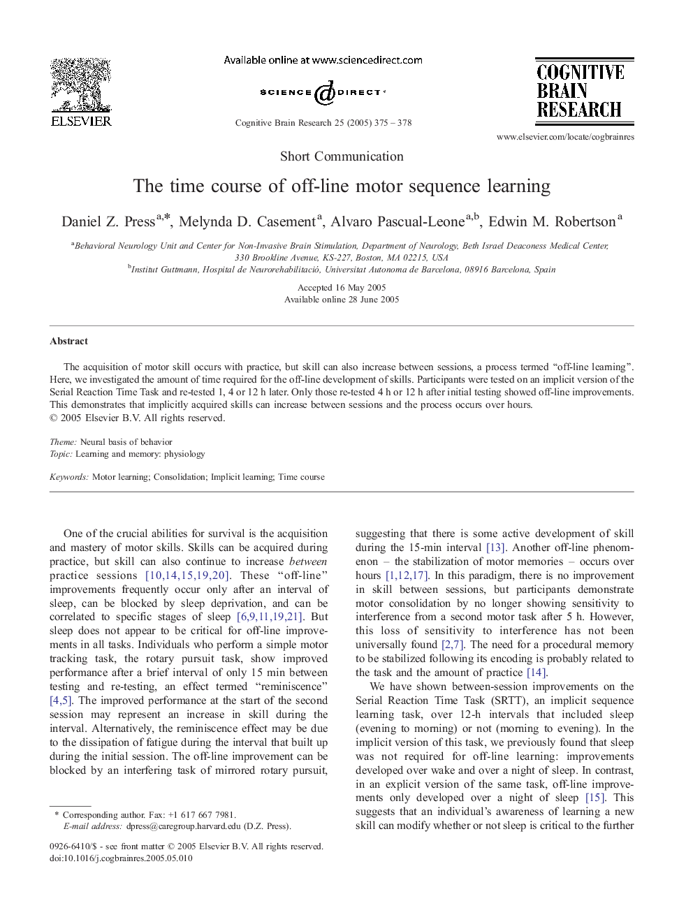 The time course of off-line motor sequence learning