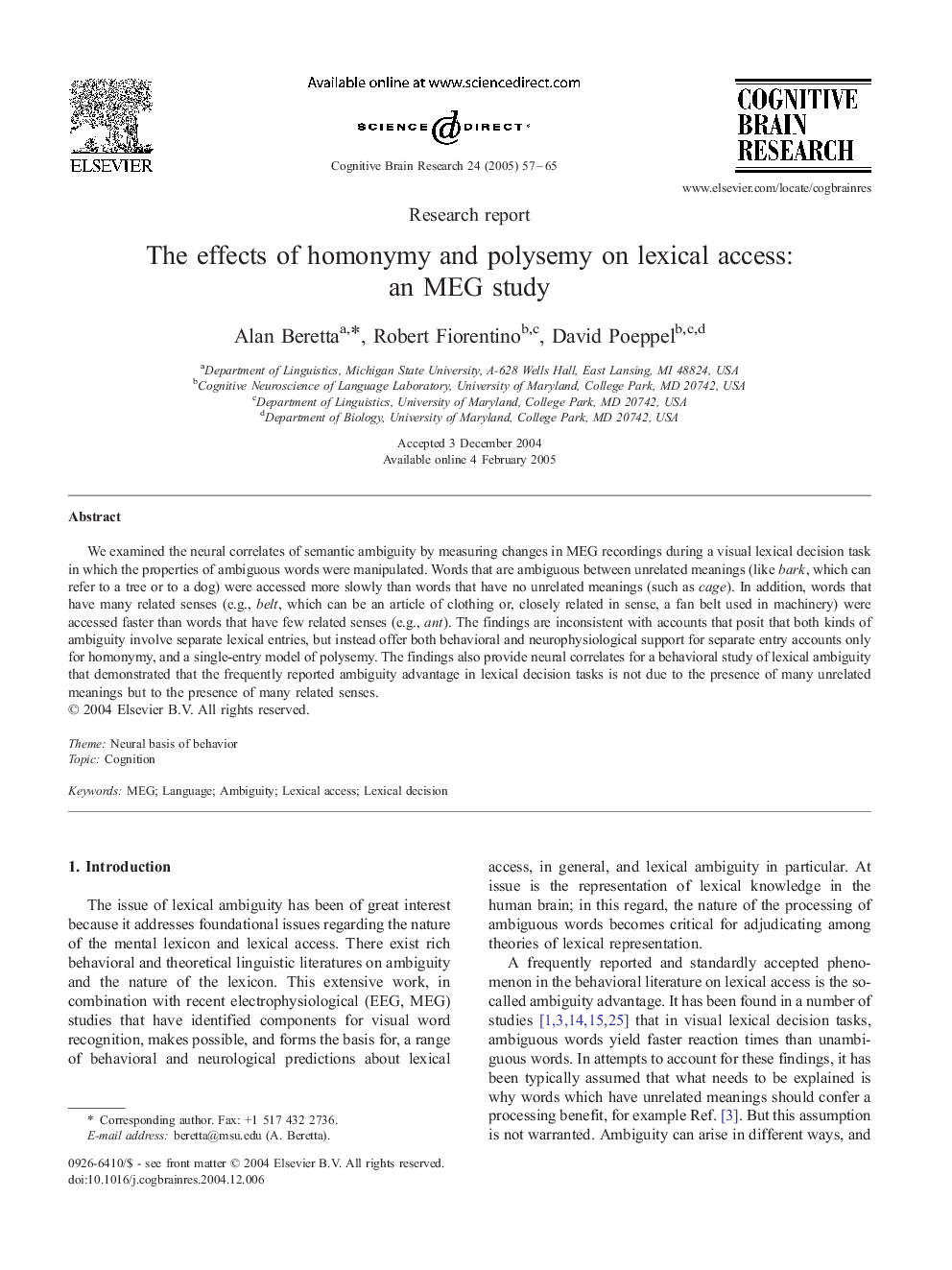 The effects of homonymy and polysemy on lexical access: an MEG study