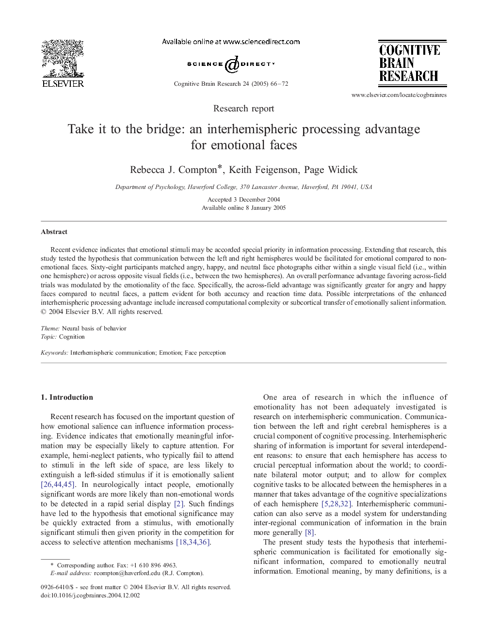 Take it to the bridge: an interhemispheric processing advantage for emotional faces