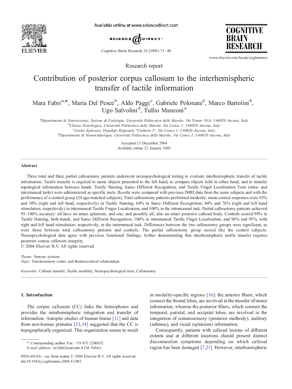 Contribution of posterior corpus callosum to the interhemispheric transfer of tactile information