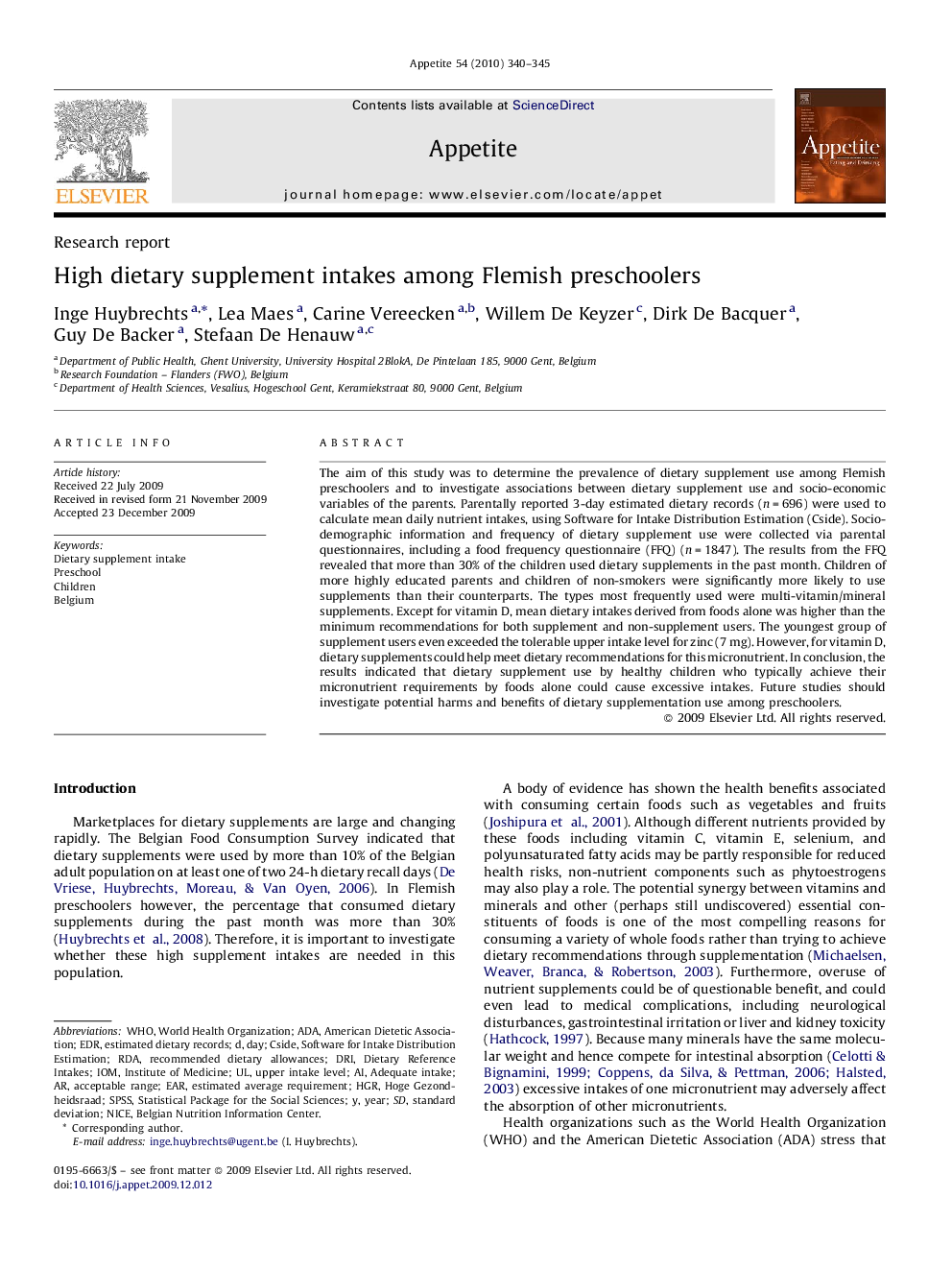 High dietary supplement intakes among Flemish preschoolers