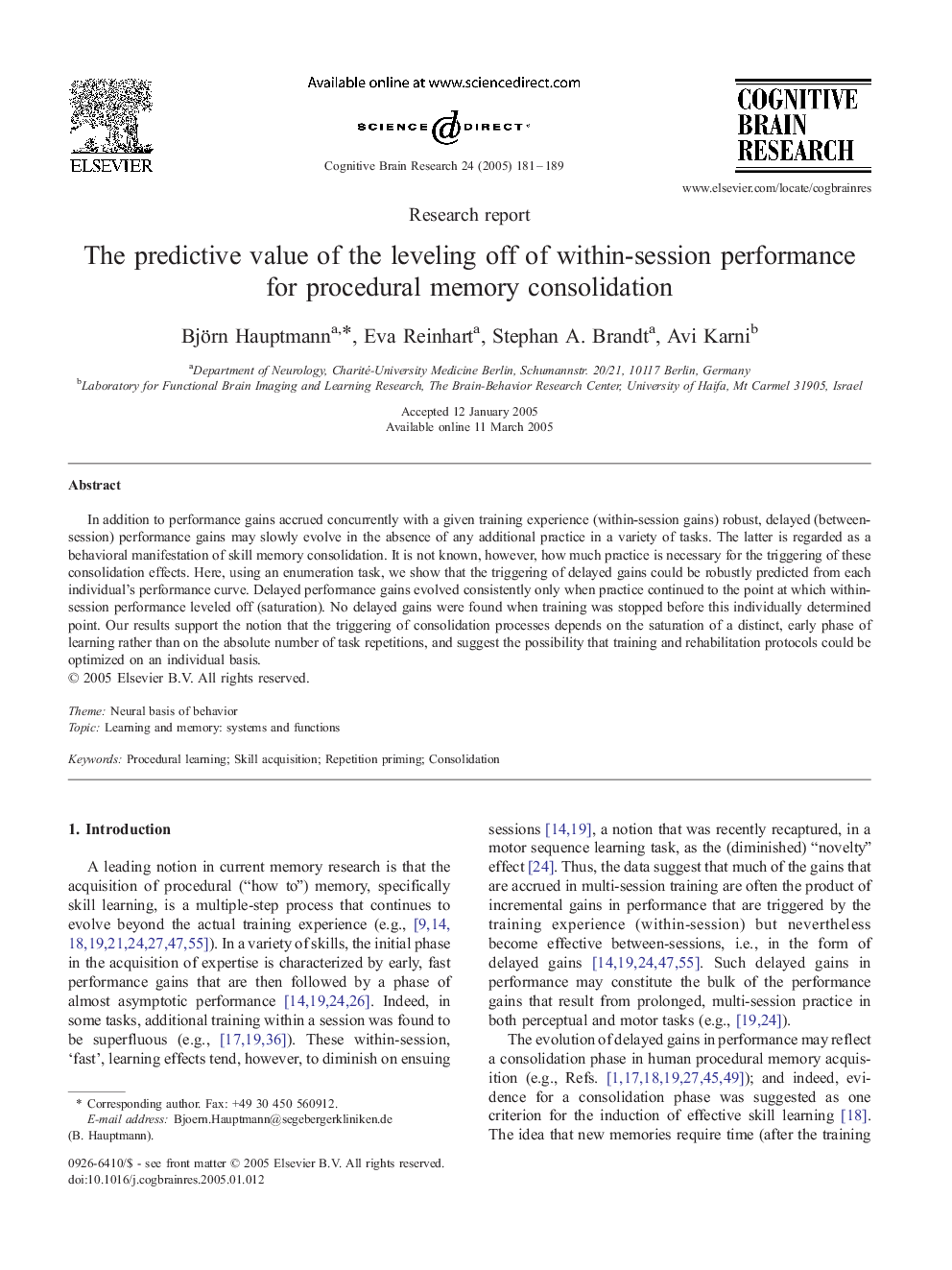 The predictive value of the leveling off of within session performance for procedural memory consolidation