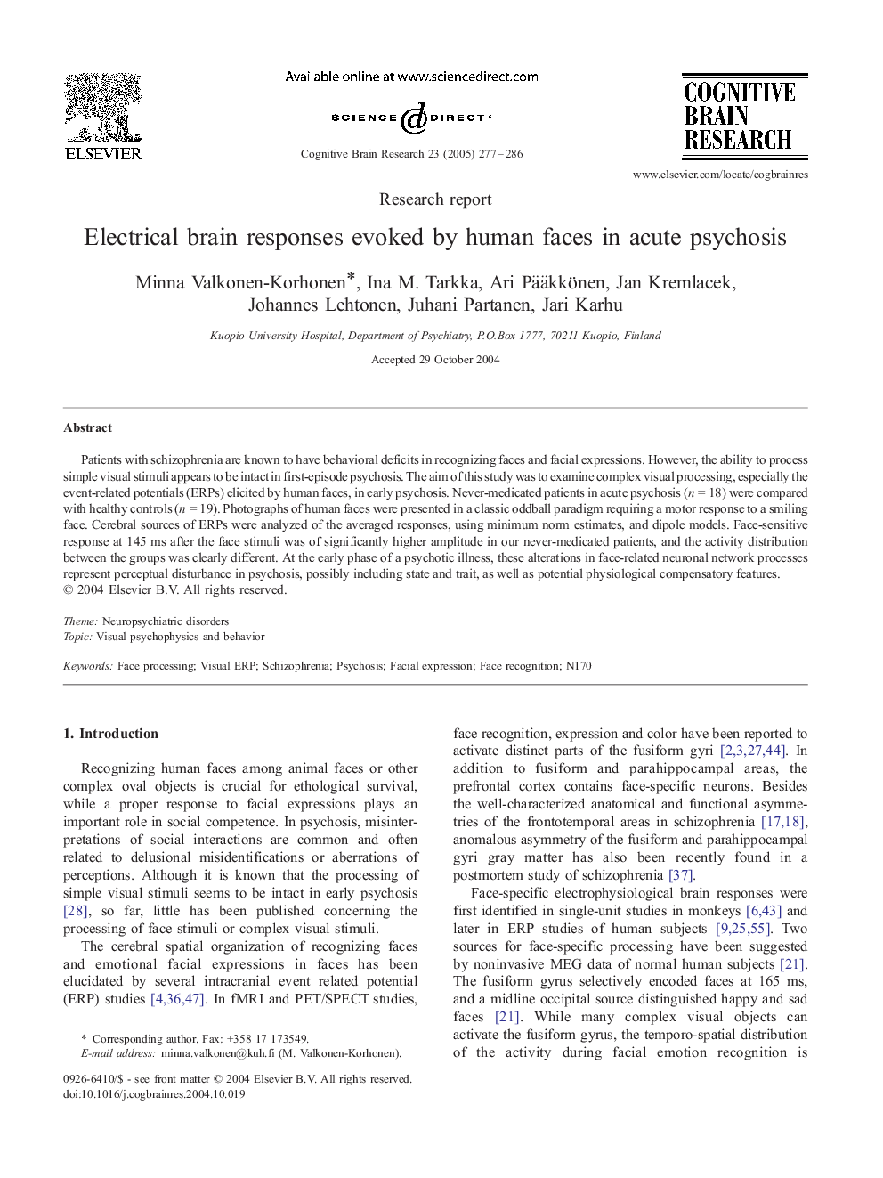 Electrical brain responses evoked by human faces in acute psychosis