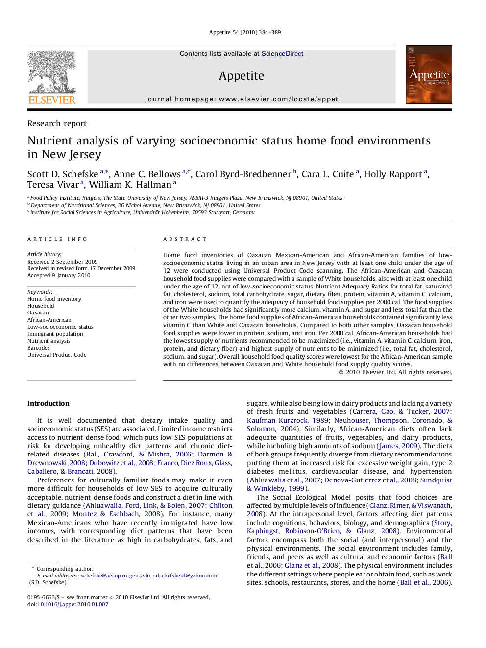 Nutrient analysis of varying socioeconomic status home food environments in New Jersey