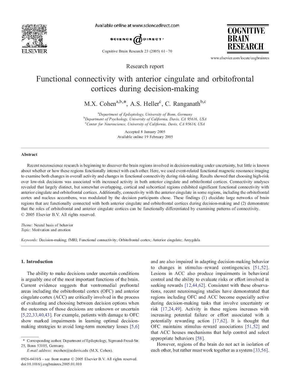 Functional connectivity with anterior cingulate and orbitofrontal cortices during decision-making