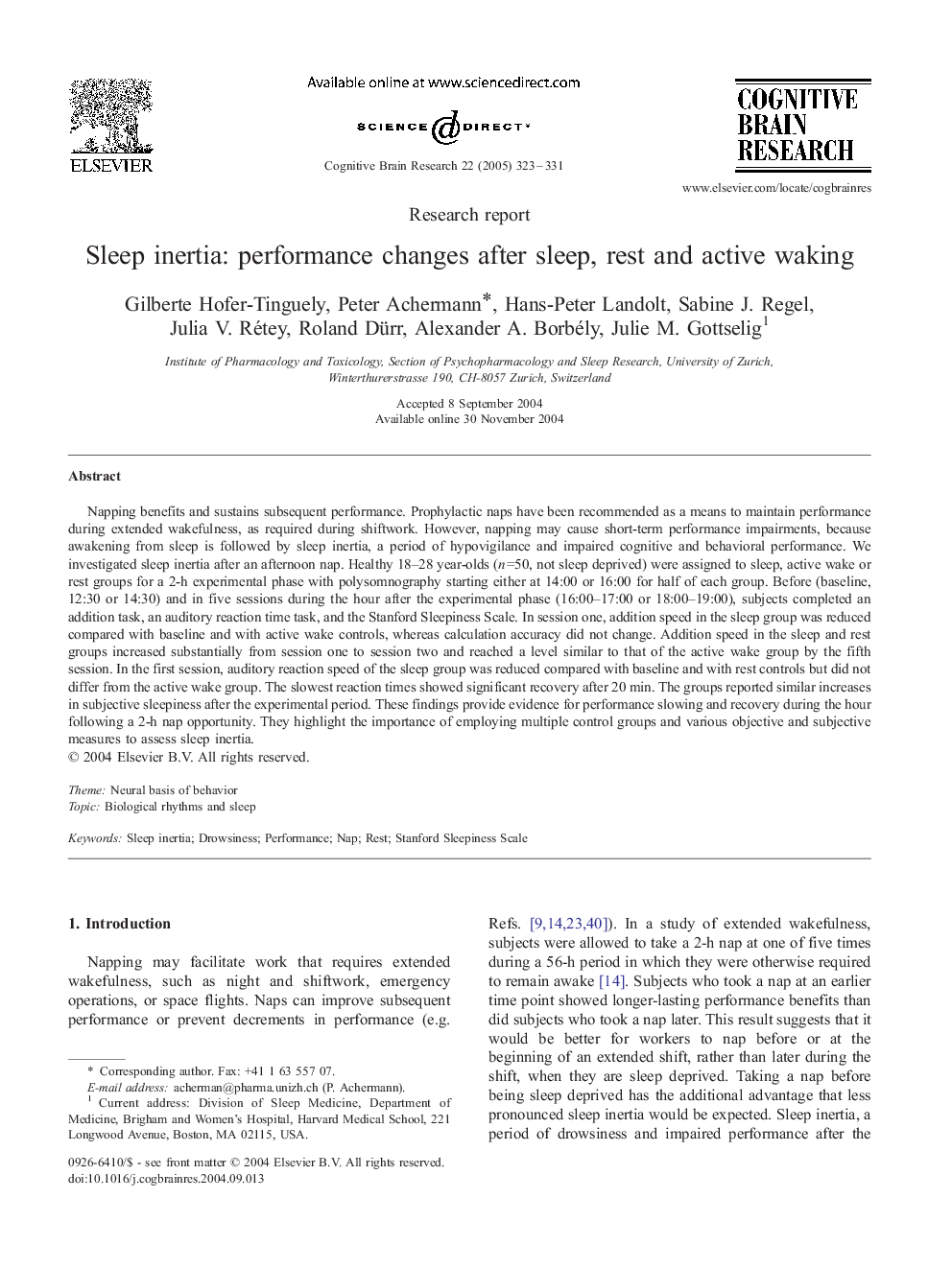 Sleep inertia: performance changes after sleep, rest and active waking