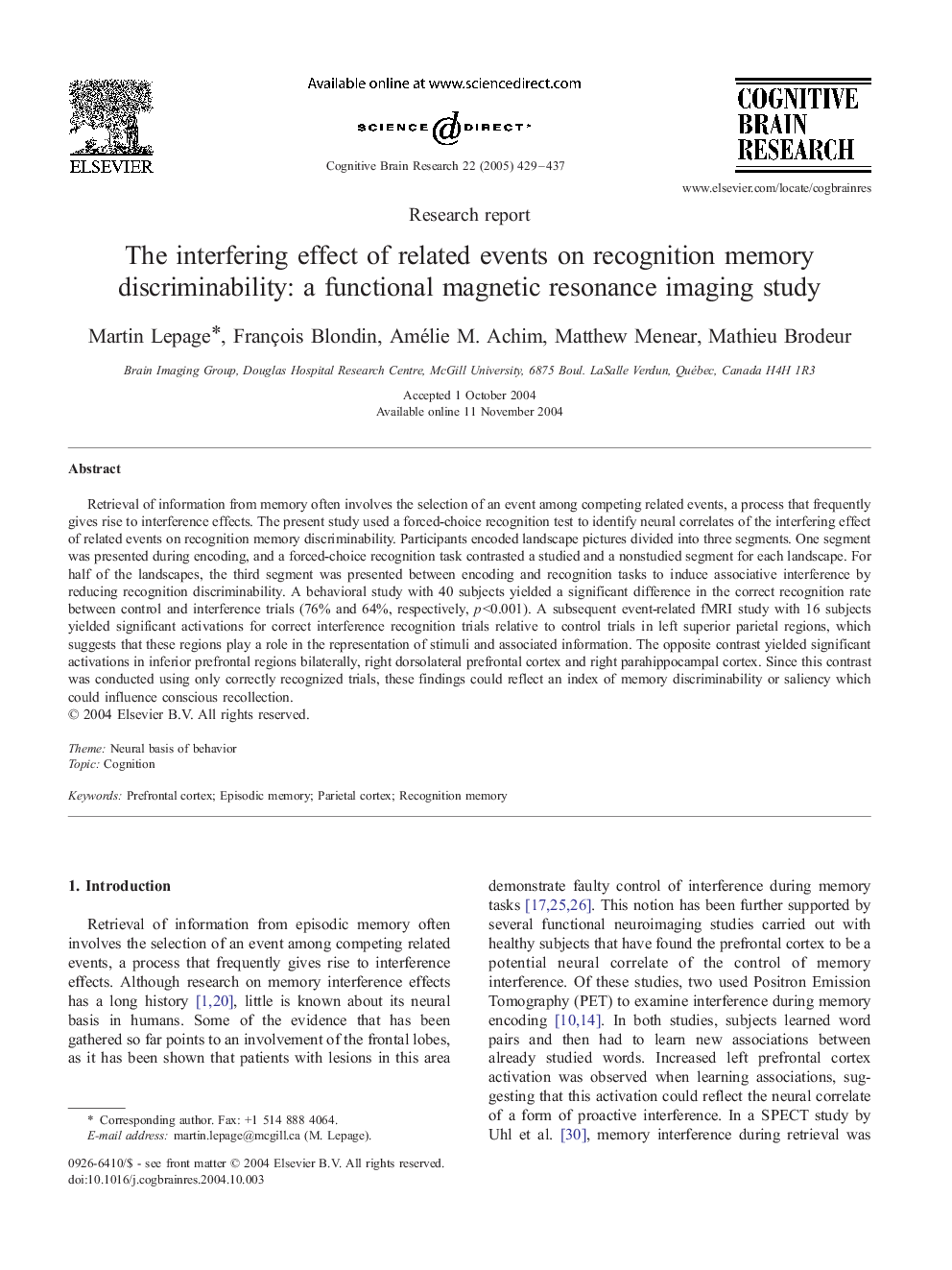 The interfering effect of related events on recognition memory discriminability: a functional magnetic resonance imaging study