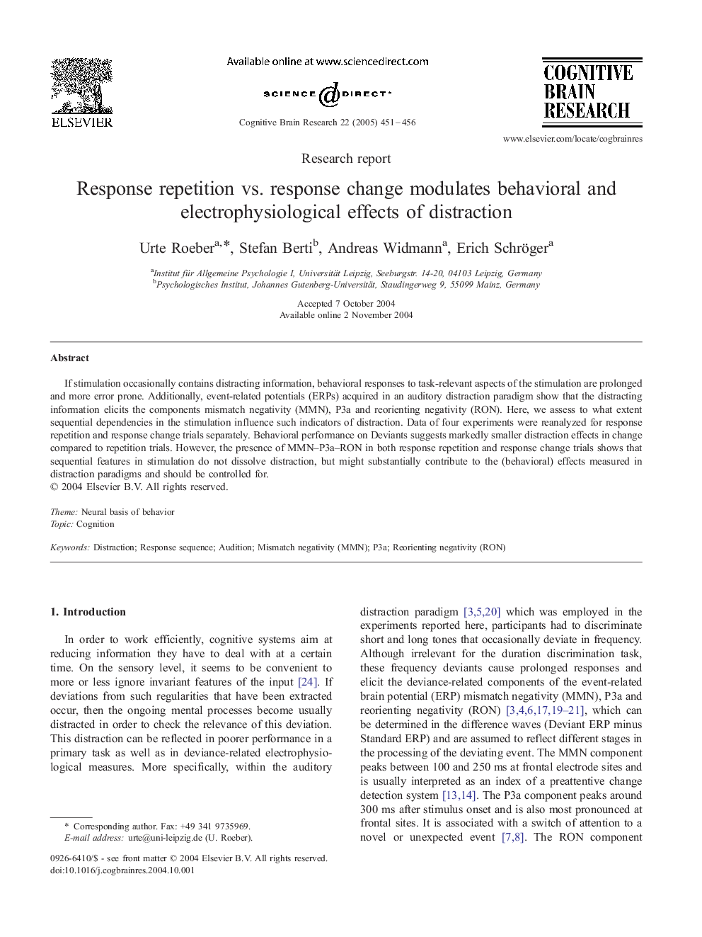 Response repetition vs. response change modulates behavioral and electrophysiological effects of distraction