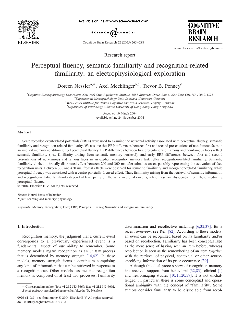 Perceptual fluency, semantic familiarity and recognition-related familiarity: an electrophysiological exploration