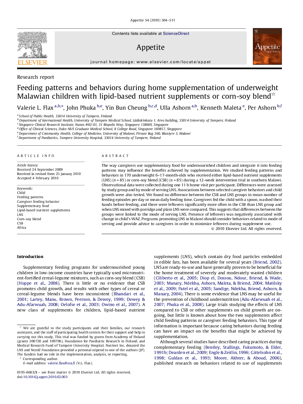 Feeding patterns and behaviors during home supplementation of underweight Malawian children with lipid-based nutrient supplements or corn-soy blend 