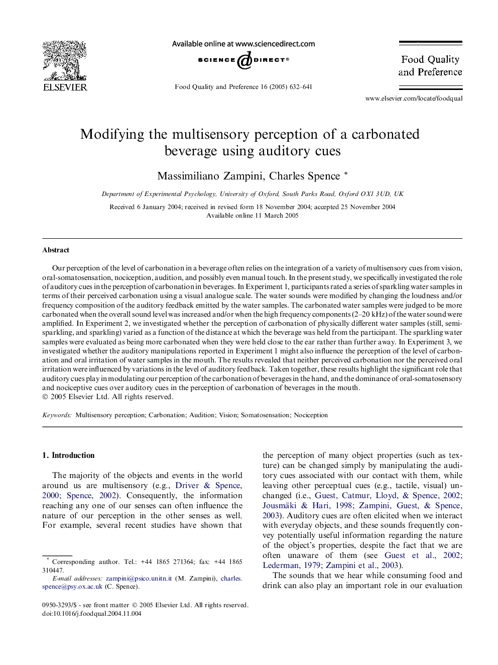 Modifying the multisensory perception of a carbonated beverage using auditory cues